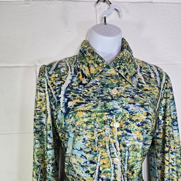 Vtg 70s dagger pointed collar button up long sleeve silky nylon secretary dress - Picture 10 of 10